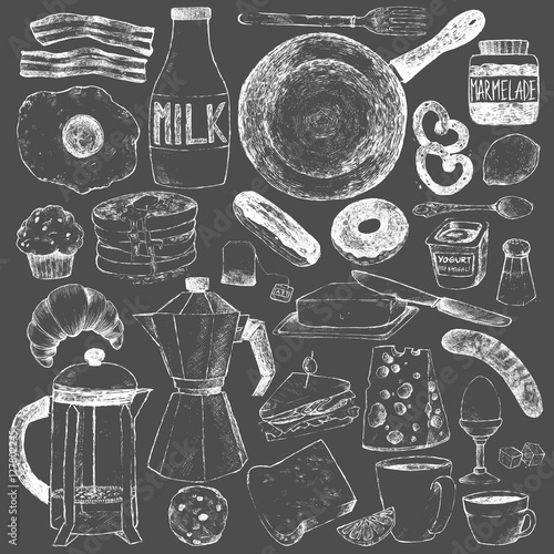 Food and kitchen dishes for breakfast big set.