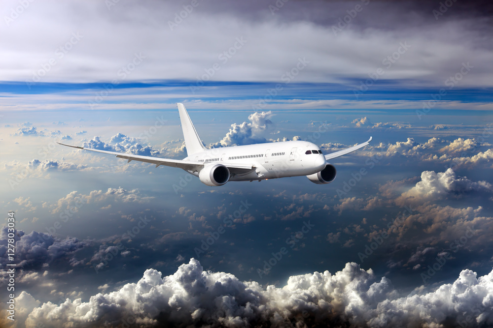 Fototapeta premium Biały szerokokadłubowy samolot pasażerski. Przedni widok. Samolot leci w błękitne pochmurne niebo.