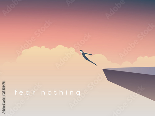 Business concept of courage. Businessman jumping off a cliff as  sign  brave leadership and step forward.