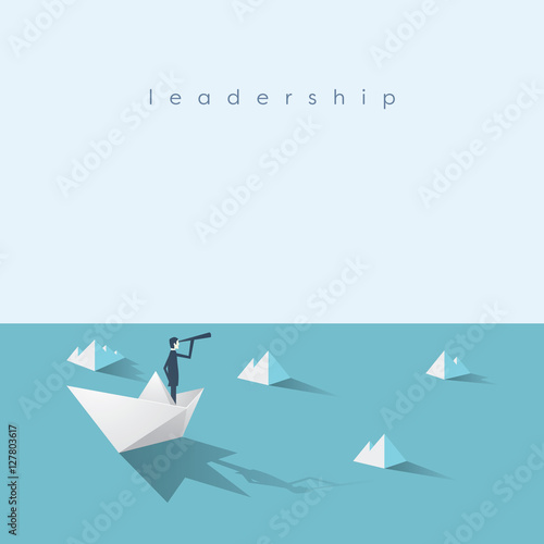 Businessman on paper boat in the sea with icebergs. Symbol of business risk and leadership.