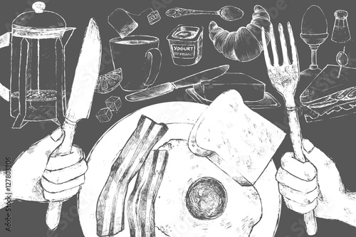 Plate with bacon and scrambled eggs and hand with a fork and a spoon in the foreground. Various food for breakfast. Vector illustration. White chalk on blackboard.