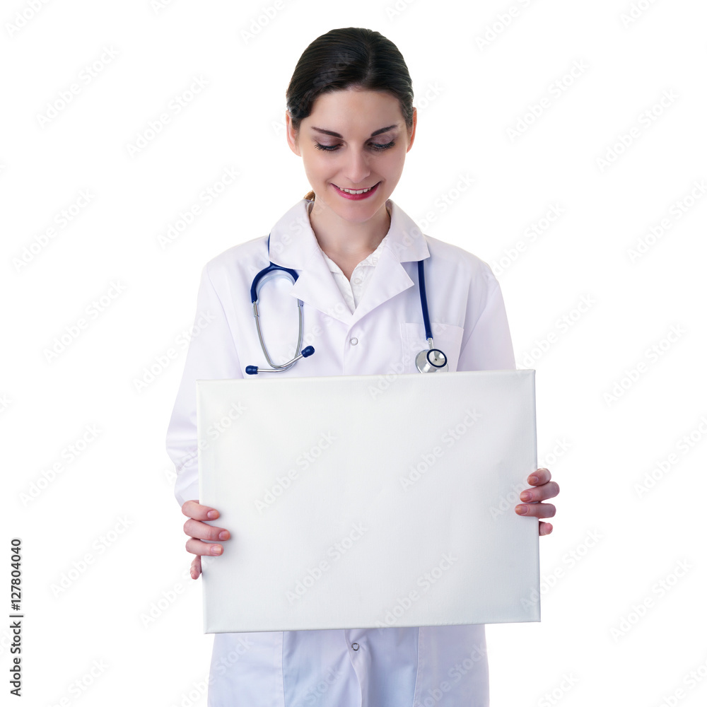 Female doctor assistant scientist in white coat over  isolated background