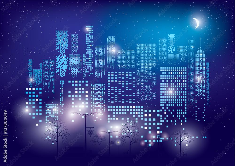 City Lights. Vector illustration of city with lighting windows, the moon, trees, lamps and benches in autumn time. Holidays concept.