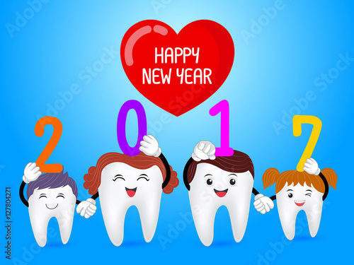 Happy new year 2017 with cute cartoon tooth family. Illustration isolated on blue background.