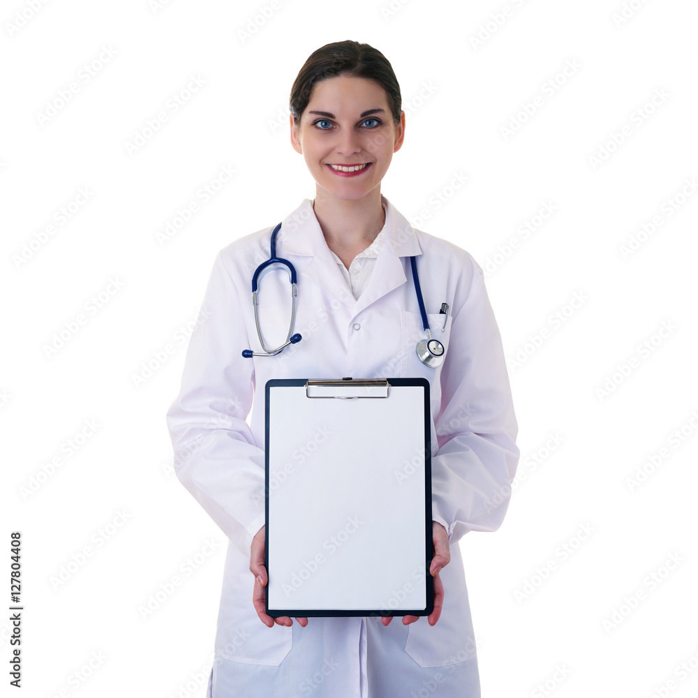 Female doctor assistant scientist in white coat over isolated background Female doctor assistant scientist in white coat over isolated background