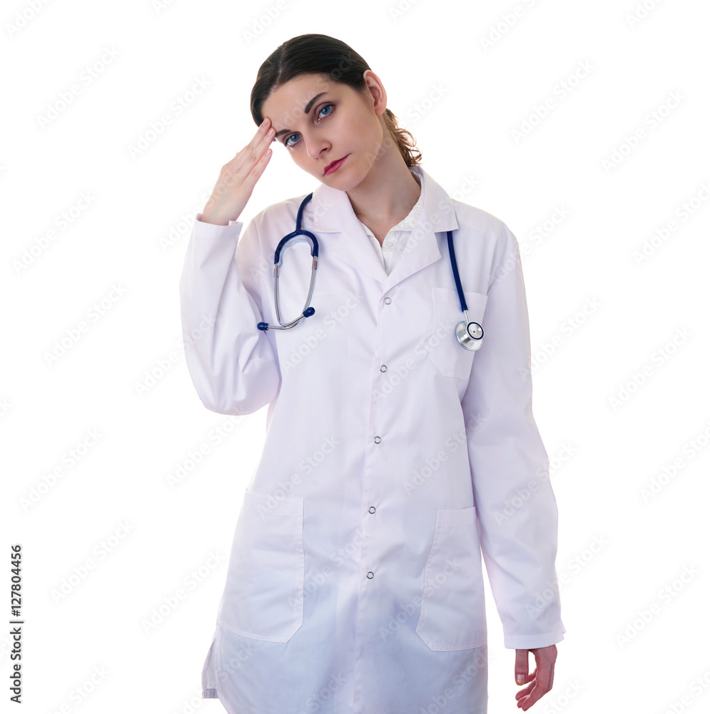 Female doctor assistant scientist in white coat over isolated background Female doctor assistant scientist in white coat over isolated background