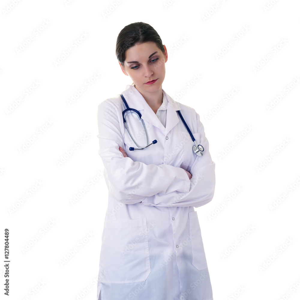Female doctor assistant scientist in white coat over isolated background Female doctor assistant scientist in white coat over isolated background