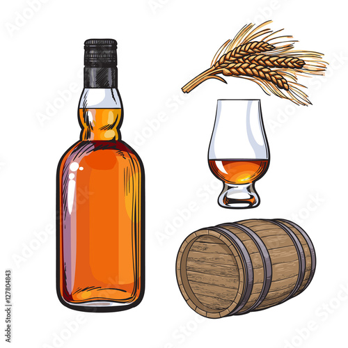 Set of hand drawn whiskey bottle, glass, barrel and malt, sketch vector illustration isolated on white background. Realistic hand drawing of an unlabeled whiskey bottle, glass, barrel and malt