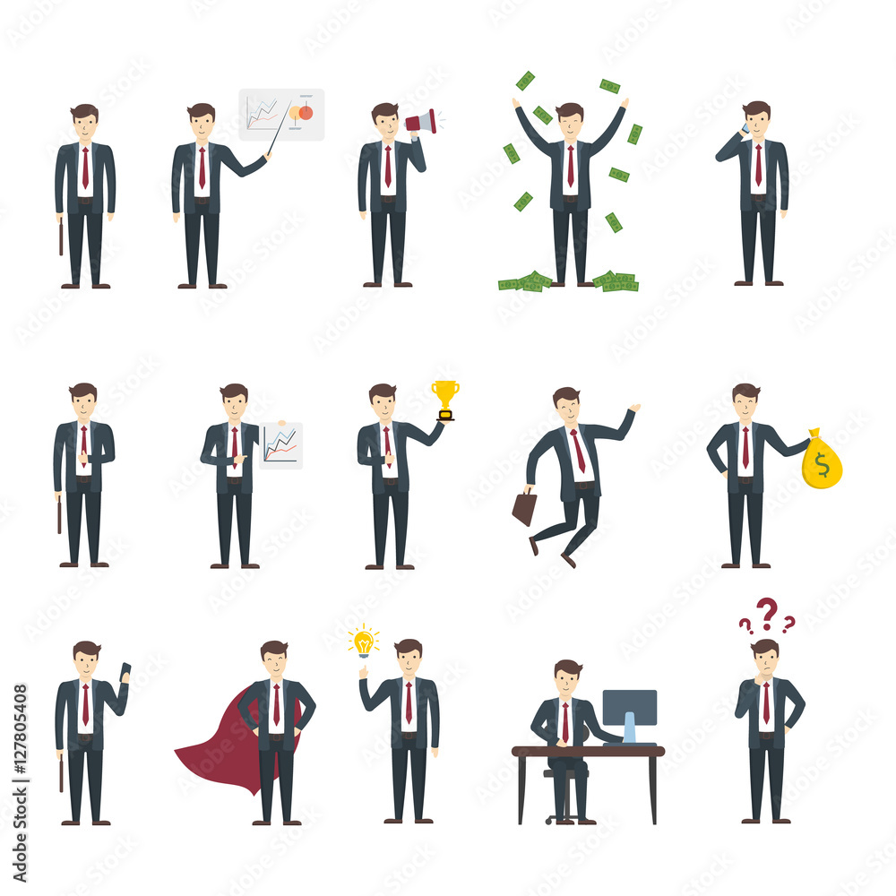 Isolated businessman set. Funny handsome businessman in suit in different poses on white background. Isolated businessman set. Funny handsome businessman in suit in different poses on white background.