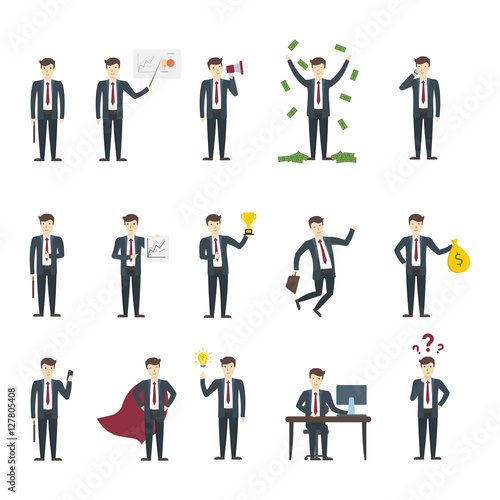 Isolated businessman set. Funny handsome businessman in suit in different poses on white background.