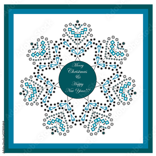 Merry Christmas and Happy New Year Greeting Card framed . Winter concept. Xmas celebration theme