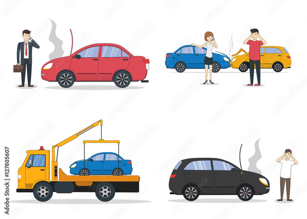 Car crash set. Different situations on the road. Traffic collisions. Tow truck. Car crash set. Different situations on the road. Traffic collisions. Tow truck.