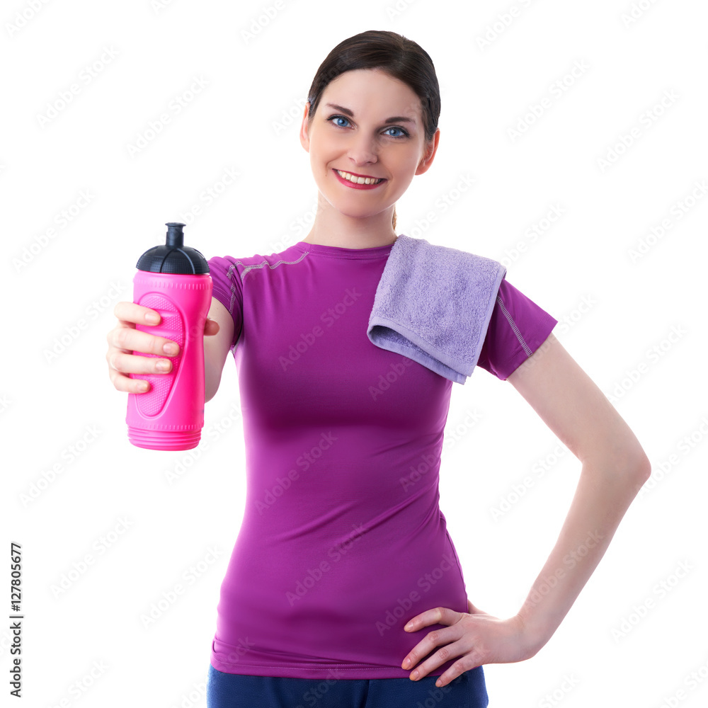 Smiling sporty woman in violet T-short over white isolated background Smiling sporty woman in violet T-short over white isolated background