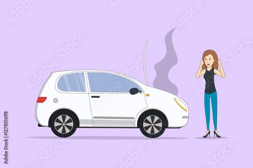 Car with motor defect. Woman standing near broken car.