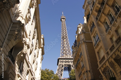 Tour Eiffel vue depuis une rue à Paris