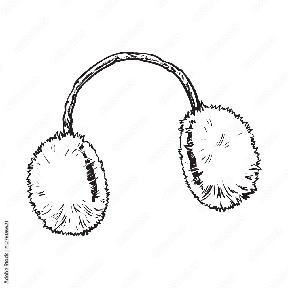 Bright fluffy fur ear muffs, sketch style vector illustrations isolated