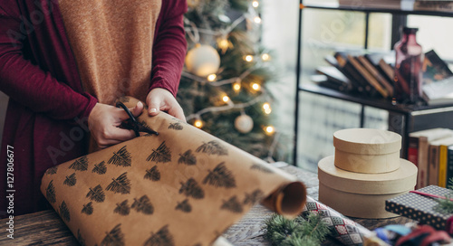Woman Wrapping Christmas Presents