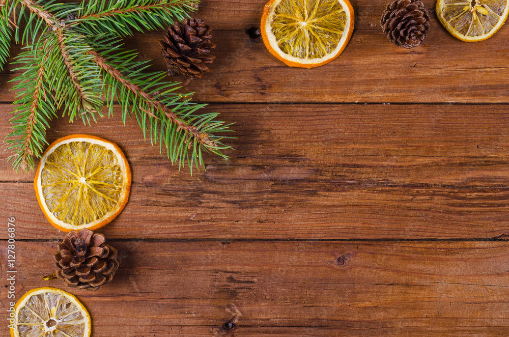 Christmas and New Year decoration on a wooden table, with copy s Christmas and New Year decoration on a wooden table, with copy s