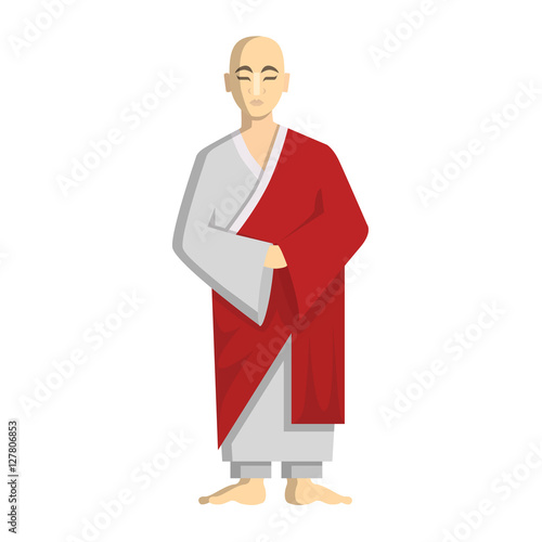Isolated buddhist monk standing on white background. Concept of peace, calm and east religion.