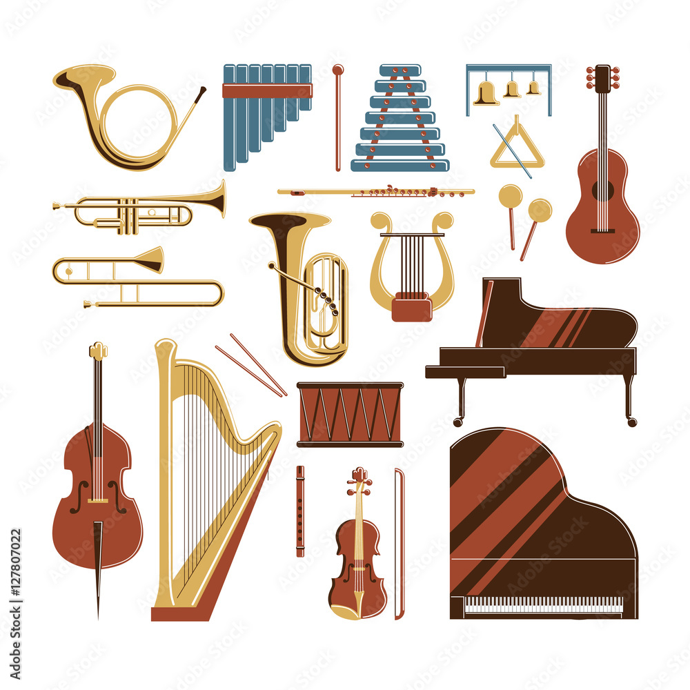 Musical instruments set. Violin and piano, drum and harp and others. Stock  Vector | Adobe Stock