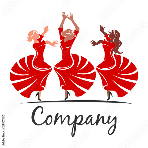 Young woman dancing flamenco logo in traditional flamenco dress.