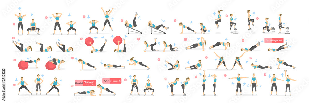 Workout girl set. Woman doing fitness and yoga exercises. Lunges and  squats, plank and abc. Full body workout. Stock Vector