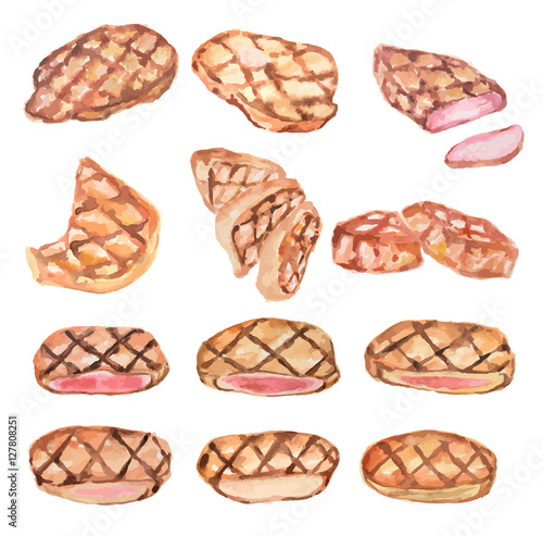 Watercolor steak set. Juicy and delicious griller meat. Meals for restaurant.