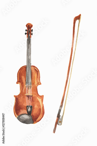 Isolated watercolor violin on white background. Beautiful classic instrument.