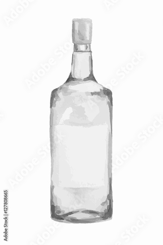 Watercolor alcohol bottle on white background. Alcohol beverage. Drink for restaurant or pub. Vodka.