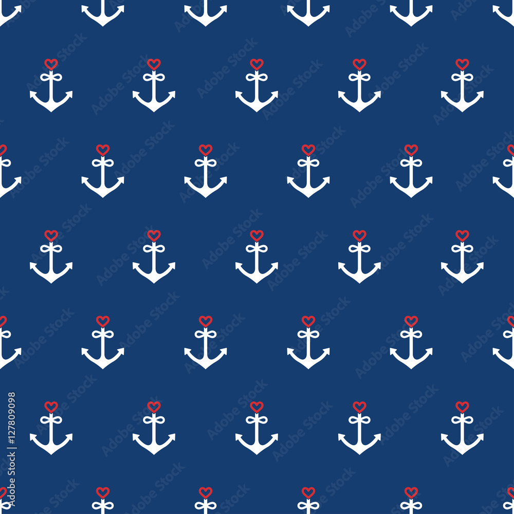 Fototapeta premium Nautical seamless pattern background with anchors and hearts
