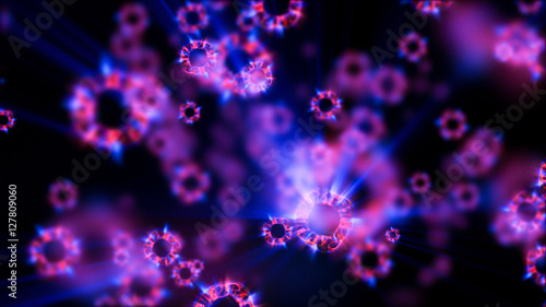 Abstract colorful defocused cells. Abstract microscopic forms on a dark background. Scientific illustration. Luminous