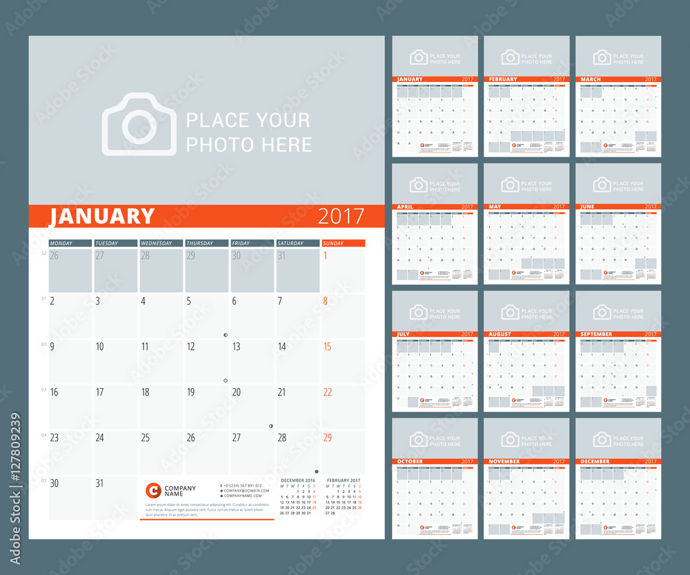 Calendar Template for 2017 Year. Vector Illustration. Week Starts on Monday Calendar Template for 2017 Year. Vector Illustration. Week Starts on Monday