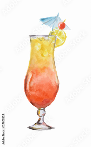 Isolated watercolor cocktail. Isolated glass with alcohol drink on white background. Milkshake.