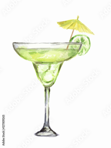 Isolated watercolor cocktail. Isolated glass with alcohol drink on white background. Umbrella and lime.