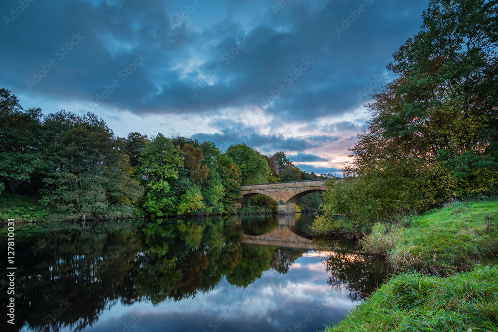 River North Tyne flows under Bellingham Bridge, at the Market Town in Northumberland, which is the first town on the North Tyne below Kielder Reservoir