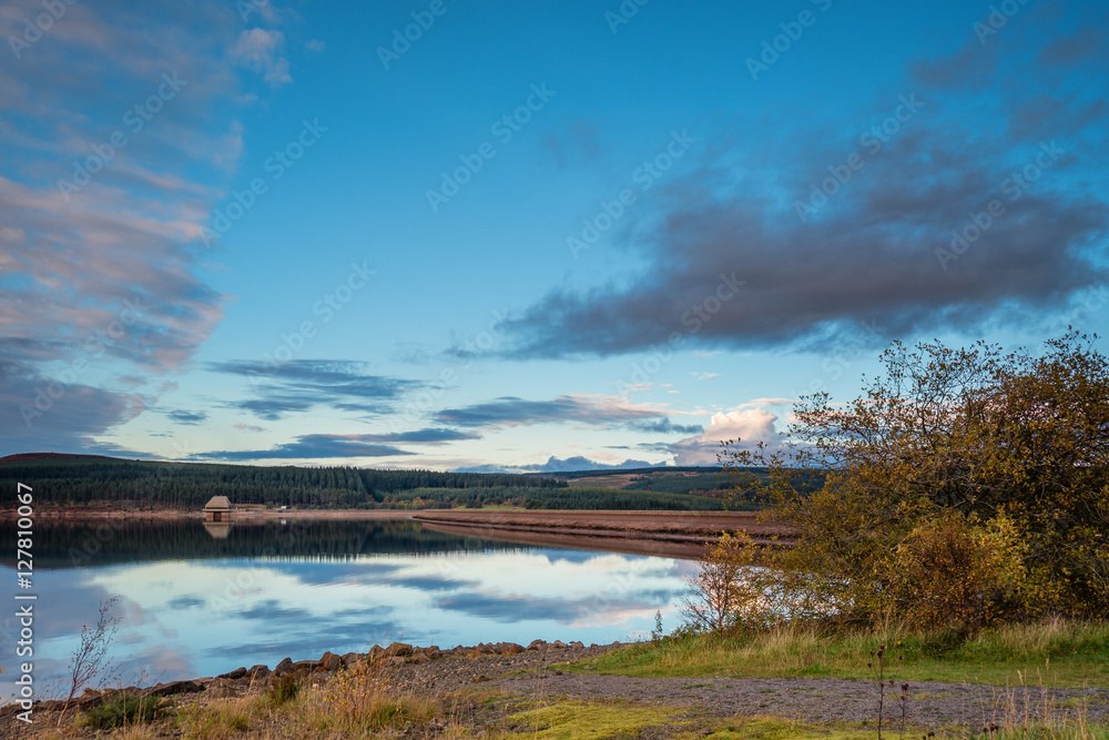 Still Water at Kielder Dam, in Kielder Water and Forest Park, Northumberland, which has the largest man made lake in Northern Europe. The reservoir sits in the North Tyne Valley