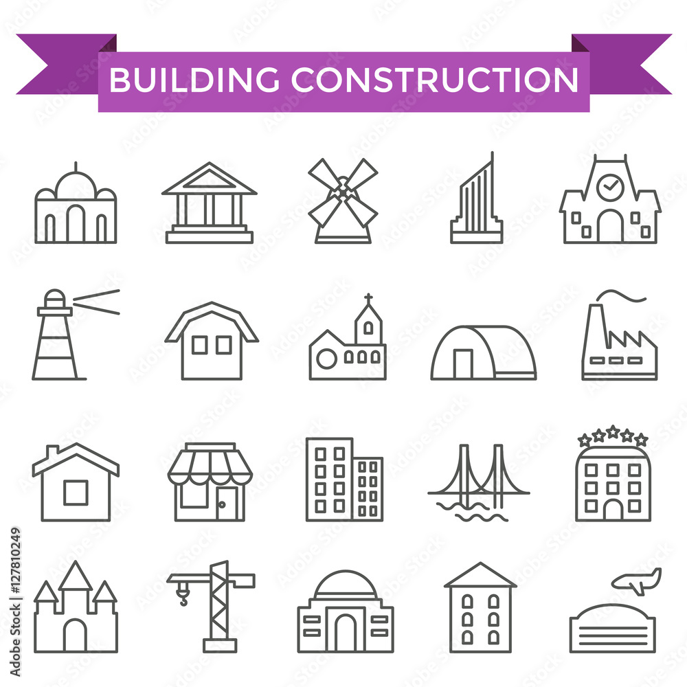 Building construction icons, thin line flat design