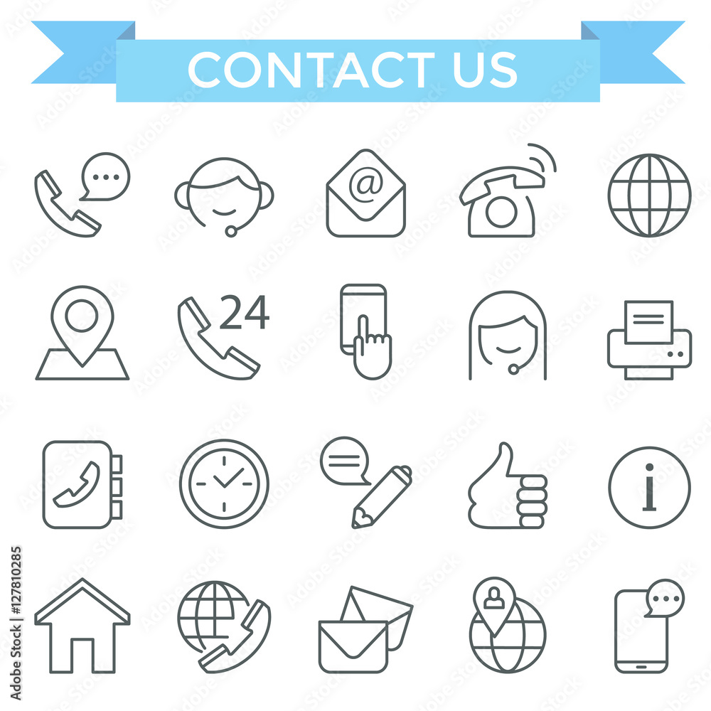 Contact us and communication icons, thin line, flat design Contact us and communication icons, thin line, flat design