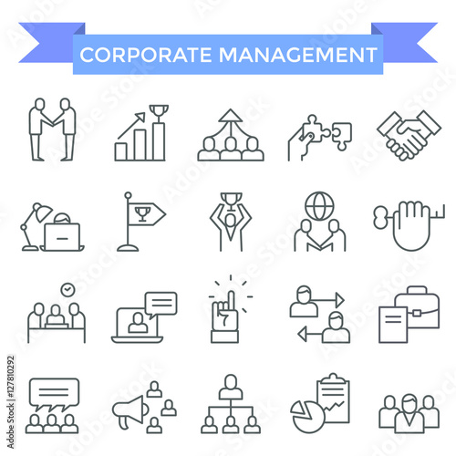 Corporate business management icons, thin line, flat design