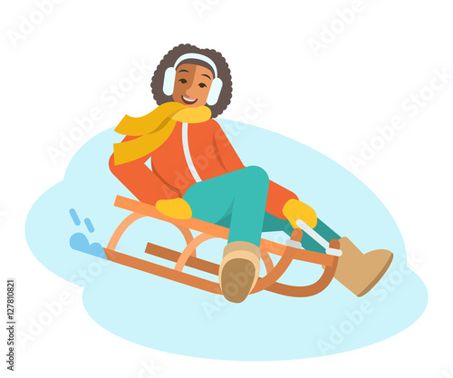 African girl sledding flat vector illustration. A child goes down the slope on a sled. Kids winter activities. Child in warm clothes playing snow winter games on Christmas holidays. Cartoon character