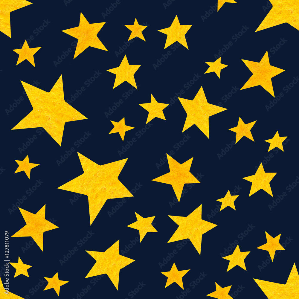Watercolor seamless pattern with yellow stars on black. Night sky repeating background. Watercolor seamless pattern with yellow stars on black. Night sky repeating background.