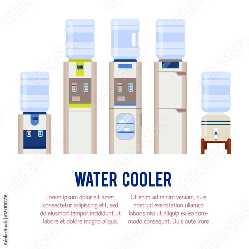 Vector flat illustration with water cooler and bottle. Modern te