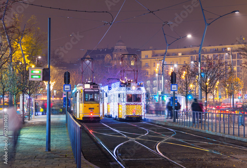 Christmas Light On Old Tram At Train Central Station in Budapest