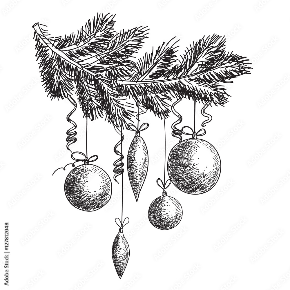 Hand drawn sketch Fur tree branch with New Year and Christmas ...