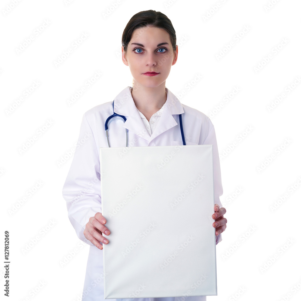 Female doctor assistant scientist in white coat over isolated background Female doctor assistant scientist in white coat over isolated background