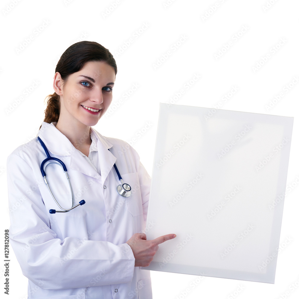 Female doctor assistant scientist in white coat over isolated background Female doctor assistant scientist in white coat over isolated background