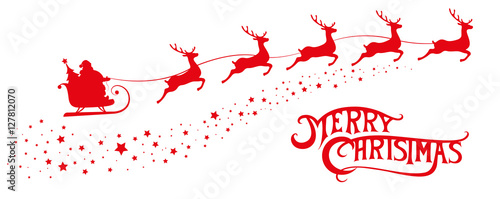 Merry Christmas banner. Silhouette Santa Claus in sleigh with deers flying on stars background. Design elements for decoration holiday poster, flyer, greeting card. Cartoon style. Vector illustration