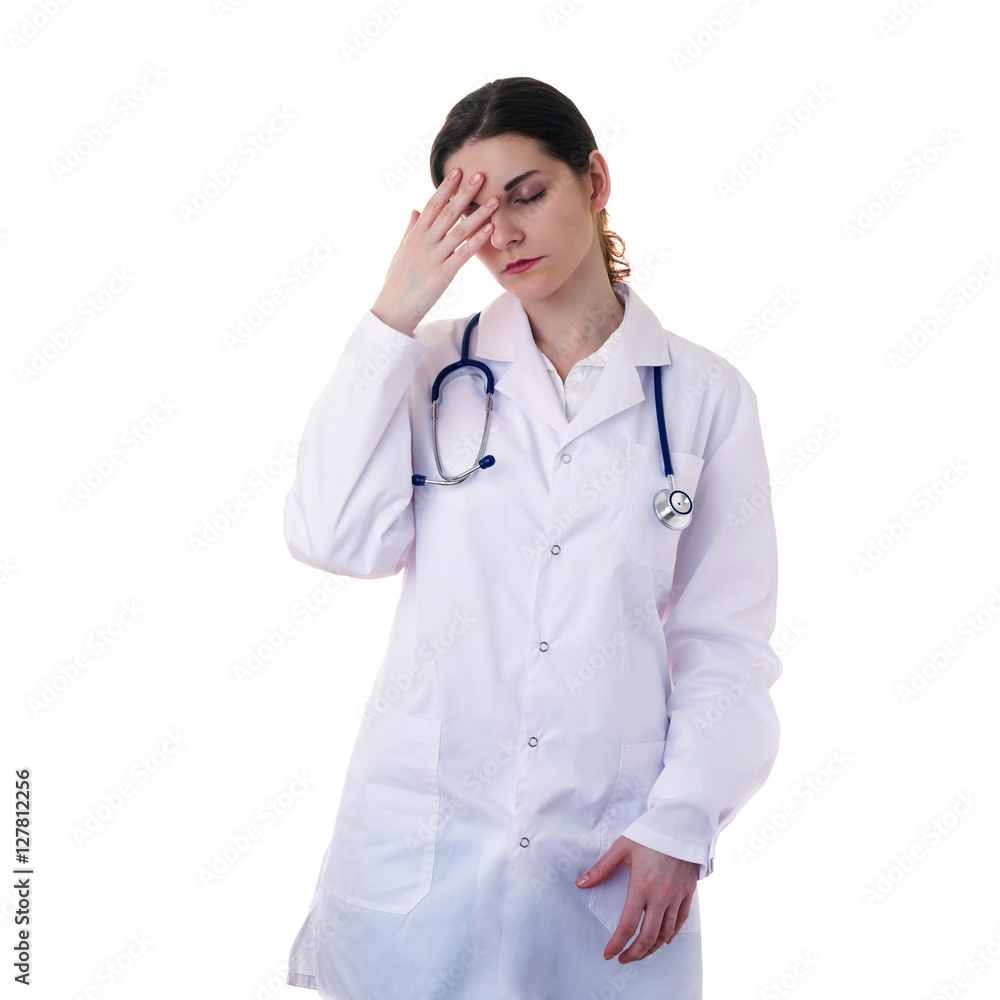 Female doctor assistant scientist in white coat over isolated background Female doctor assistant scientist in white coat over isolated background