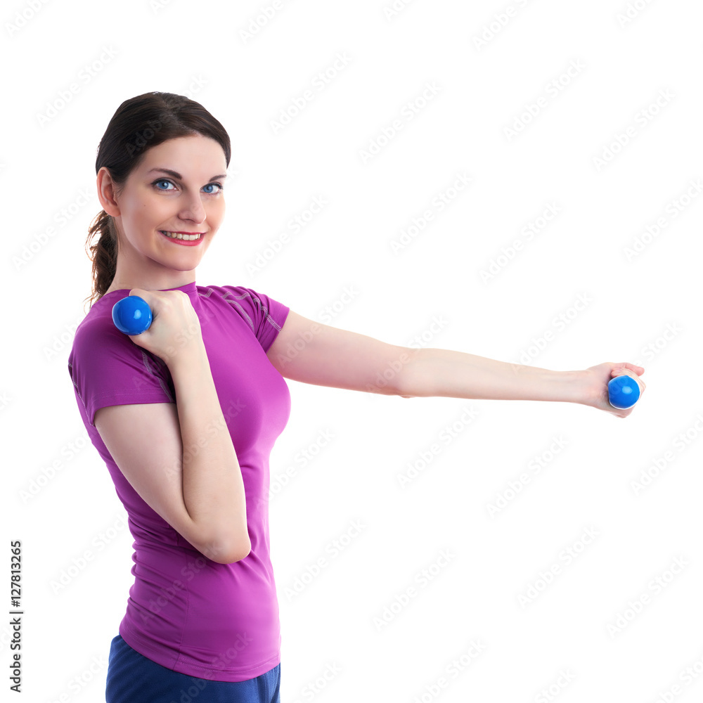 Smiling sporty woman in violet T-short over white isolated background Smiling sporty woman in violet T-short over white isolated background