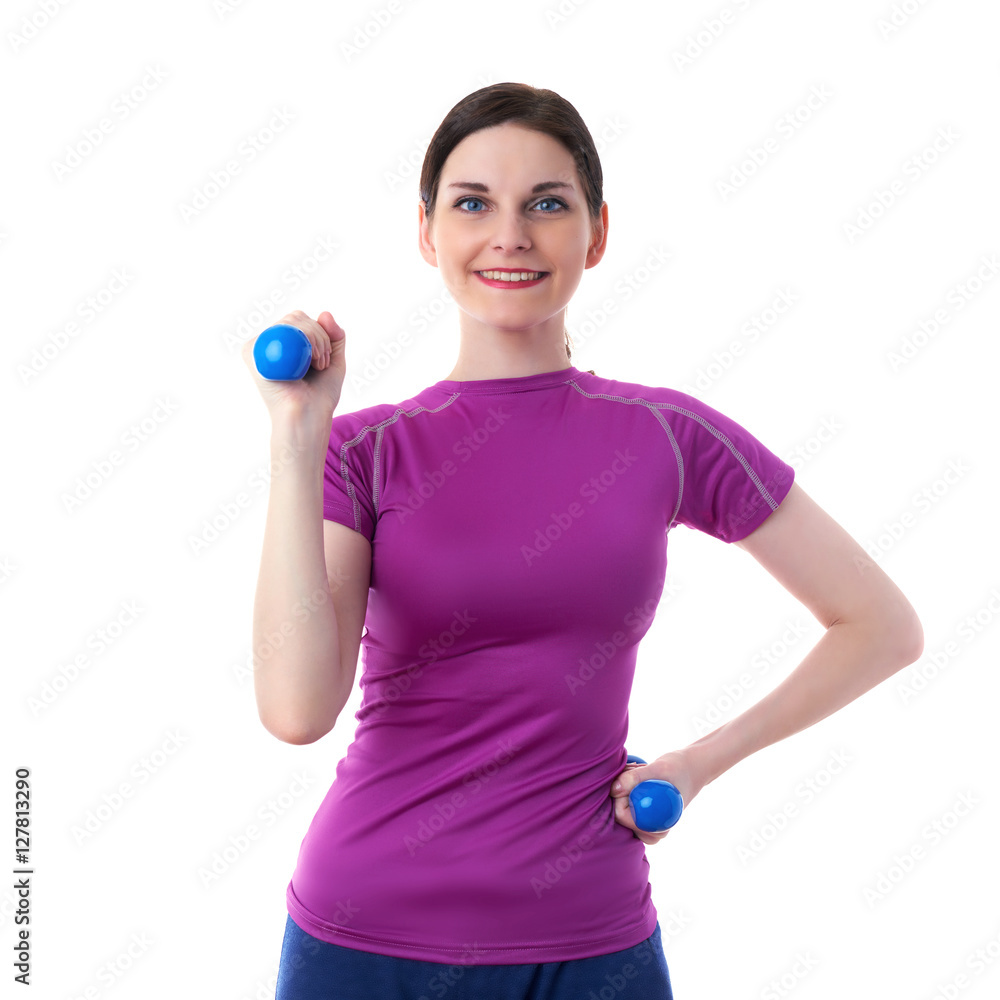 Smiling sporty woman in violet T-short over white isolated background Smiling sporty woman in violet T-short over white isolated background
